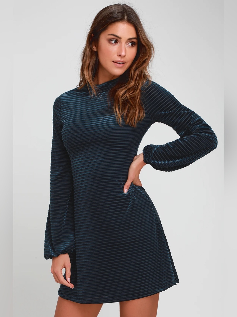 Lulus Ticket to Chic Navy Blue Striped Velvet Balloon Sleeve Dress Size XS Retro